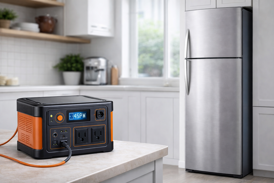 portable power station on kitchen counter near stainless steel refrigerator during home backup power setup