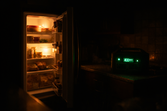 Open refrigerator running on portable power station during power outage in dark kitchen