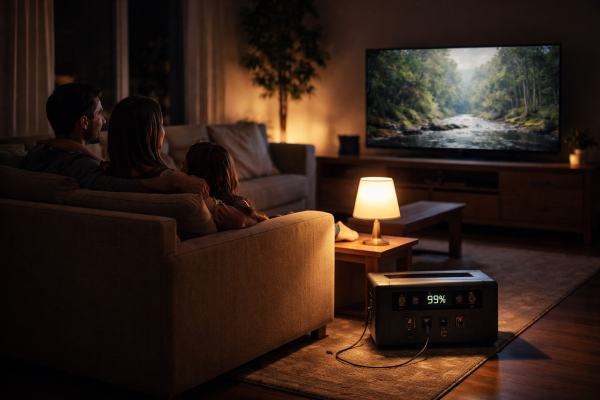 Family watching TV in a dimly lit living room with a portable projector displaying a nature scene.