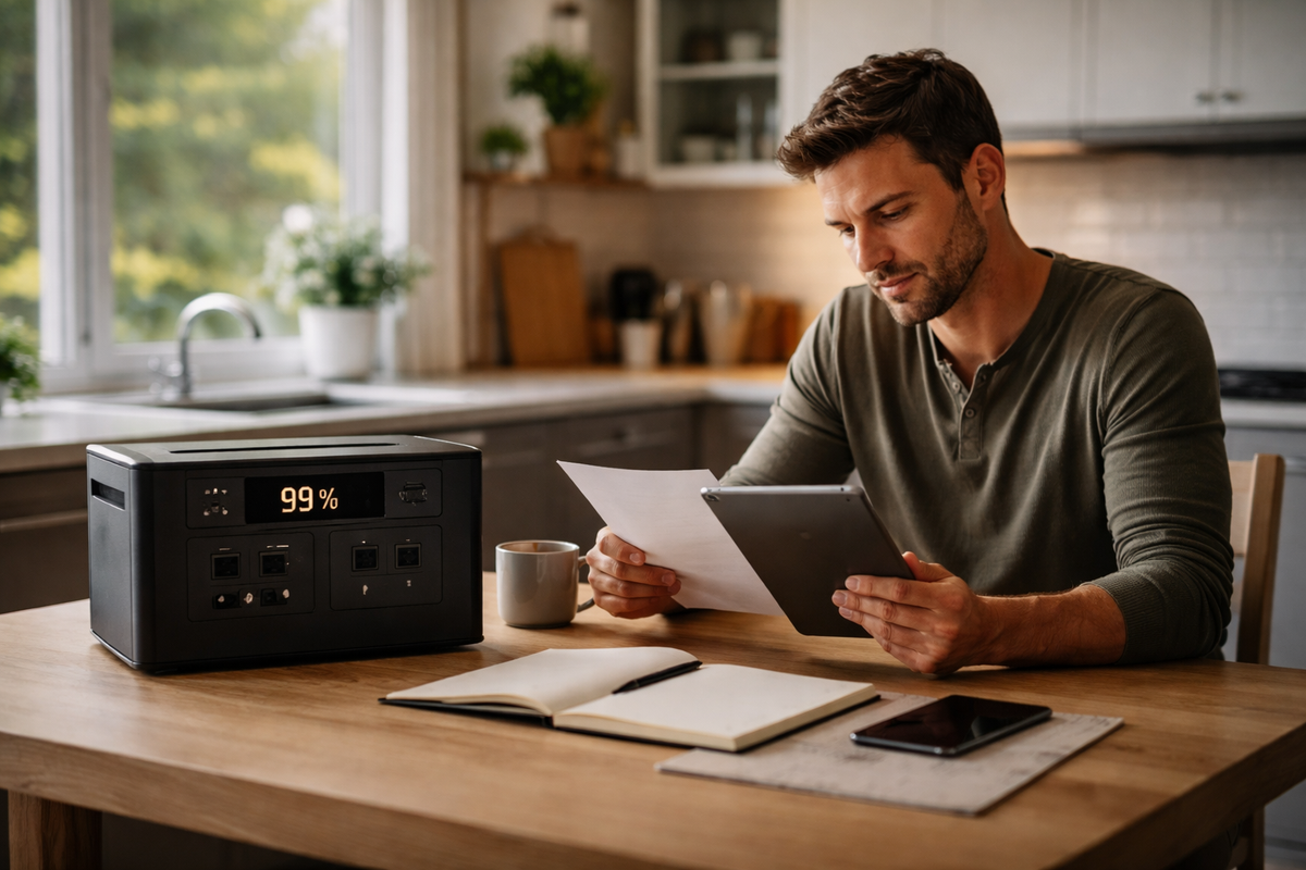 Man sitting at a kitchen table with a tablet, book, and coffee, next to a digital clock displaying 99%.